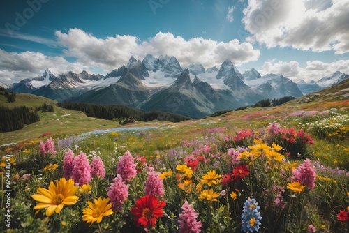 a magical landscape, an amazing blooming alpine meadow, bright multicolored flowers, a green mixed forest, a high mountain with a snowy peak in the background. Generative Ai.