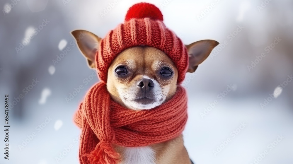 Cute chihuahua dog in red knitted hat and scarf on winter background. ai generative
