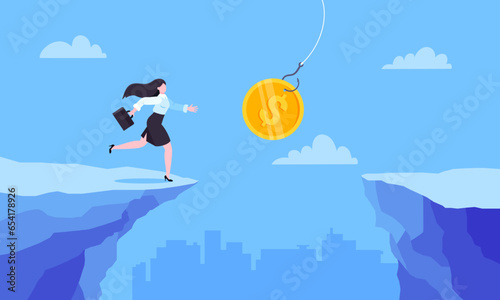 Fishing money chase business concept with businesswoman running after dangling coin jumps over the cliff. Working hard and always busy in the loop routine flat style design vector illustration.