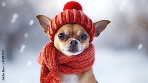 Cute chihuahua dog in red knitted hat and scarf on winter background. ai generative 