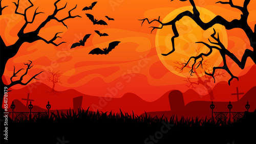 Gloomy ominous Halloween landscape. Crimson sunset.