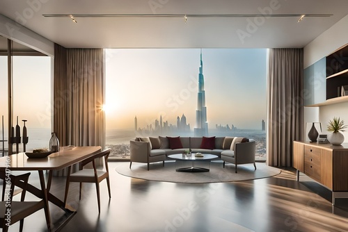 Fotografiet View of burj khalifa from a luxury apartment. Generative AI