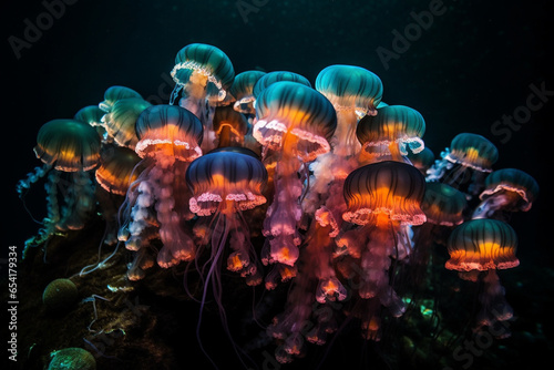 In a luminous underwater cavern  iridescent jellyfish form a radiant canopy  their tendrils casting prismatic patterns upon a coral reef s intricate tapestry of colors.