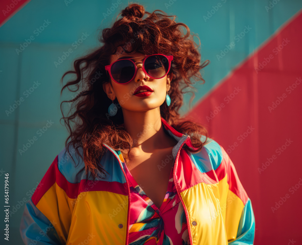Woman in colorful 80s jacket. 90s vibes concept image Woman in colorful 80s jacket. 90s vibes concept image