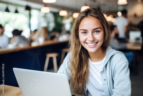 Portrait of happy smile girl working with laptop.