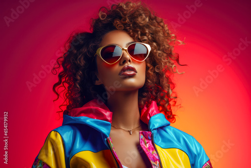 Woman in colorful 80s jacket. 90s vibes concept image photo