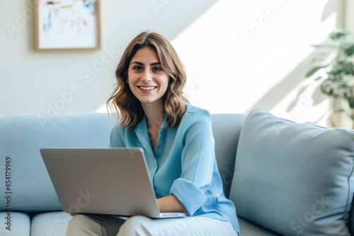 Portrait of happy smile girl working with laptop.