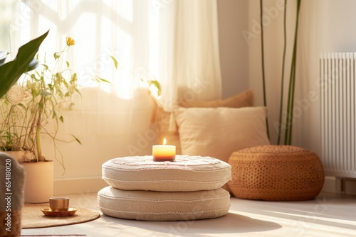 a meditation cushion in a tranquil, well-lit room