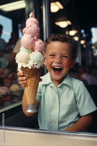 Joyful Boy with a Towering Ice Cream Cone.
A young boy laughs while holding a large ice cream cone, nearly as tall as himself.