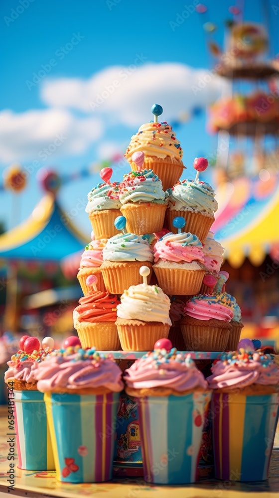 Towering Cupcakes with Colourful Icing at Carnival.
A whimsical stack of vibrant cupcakes with festive decorations at a fairground.