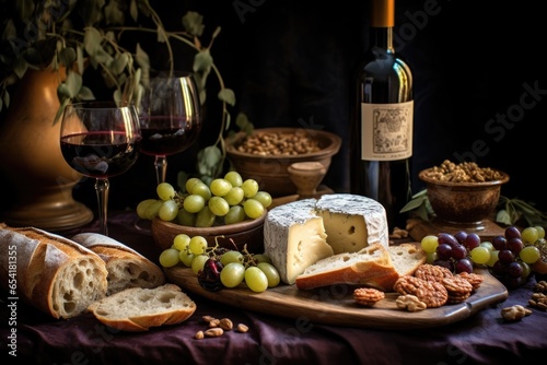 greek-style wine and cheese spread with olives and bread