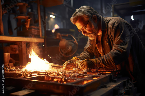 A foundry worker pouring molten metal into molds to create intricate metal sculptures. Concept of metal casting. Generative Ai.
