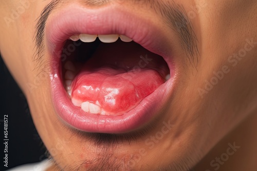 Aphthous ulcer, canker sore or stress ulcer in the mouth of Asian male patient, Generative AI photo