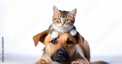 Portrait of a cute cat on adorable puppy. Concept of happy national pet day, Generative AI photo
