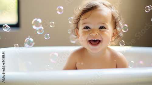 Happy cute baby in a bath with foam and soap bubbles , healthcare for young children. photo
