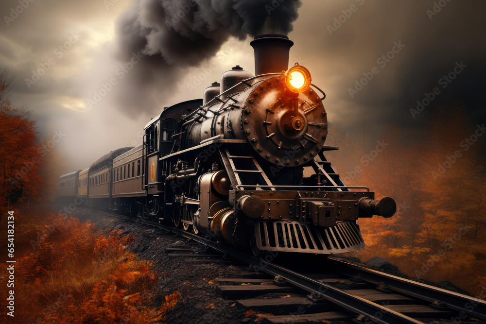 Obraz premium A steam locomotive chugging down a railway track, a relic of early transportation. Concept of vintage trains. Generative Ai.
