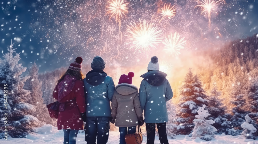 Happy family and daughters children are watching fireworks in New Year holiday or Christmas Day - obrazy, fototapety, plakaty 