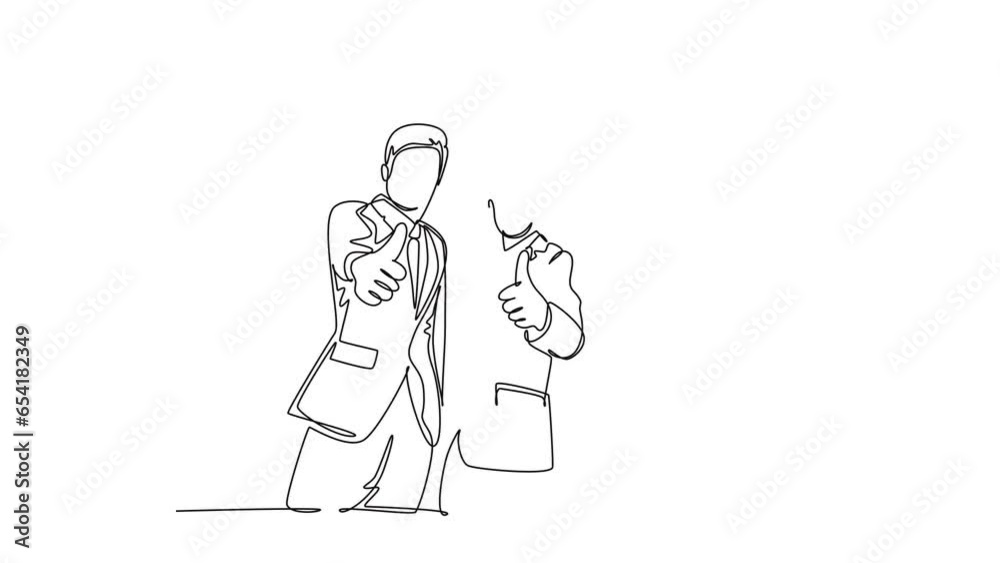Animated self drawing of continuous line draw group of young happy businessmen standing together and giving thumbs up gesture pose. Business owner teamwork concept. Full length single line animation Animated self drawing of continuous line draw group of young happy businessmen standing together and giving thumbs up gesture pose. Business owner teamwork concept. Full length single line animation