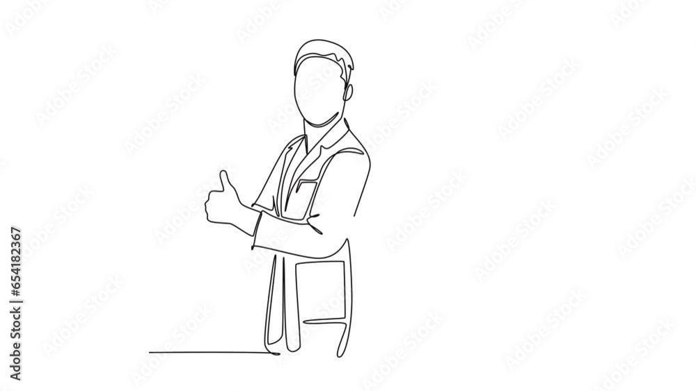 Animated self drawing of continuous line draw young happy couple male and female doctor standing together and giving thumbs up gesture. Medical healthcare teamwork. Full length single line animation Animated self drawing of continuous line draw young happy couple male and female doctor standing together and giving thumbs up gesture. Medical healthcare teamwork. Full length single line animation