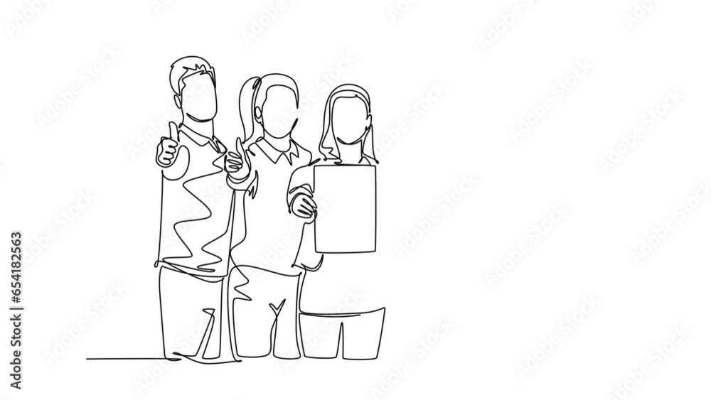Self drawing animation of single line group of young happy entrepreneur shows award certificate and giving thumbs up gesture together. Business achievement. Continuous line draw. Full length animated Self drawing animation of single line group of young happy entrepreneur shows award certificate and giving thumbs up gesture together. Business achievement. Continuous line draw. Full length animated