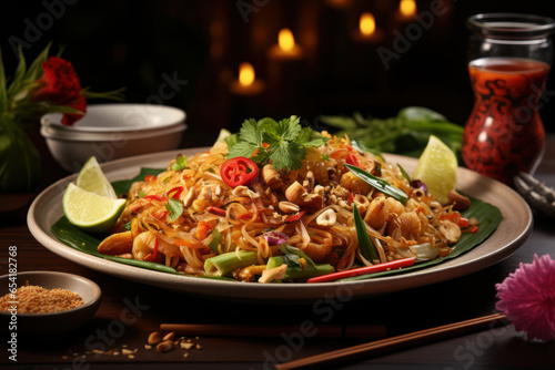 A colorful plate of pad Thai, a Thai stir-fried noodle dish, garnished with peanuts and lime. Concept of Thai street food. Generative Ai.