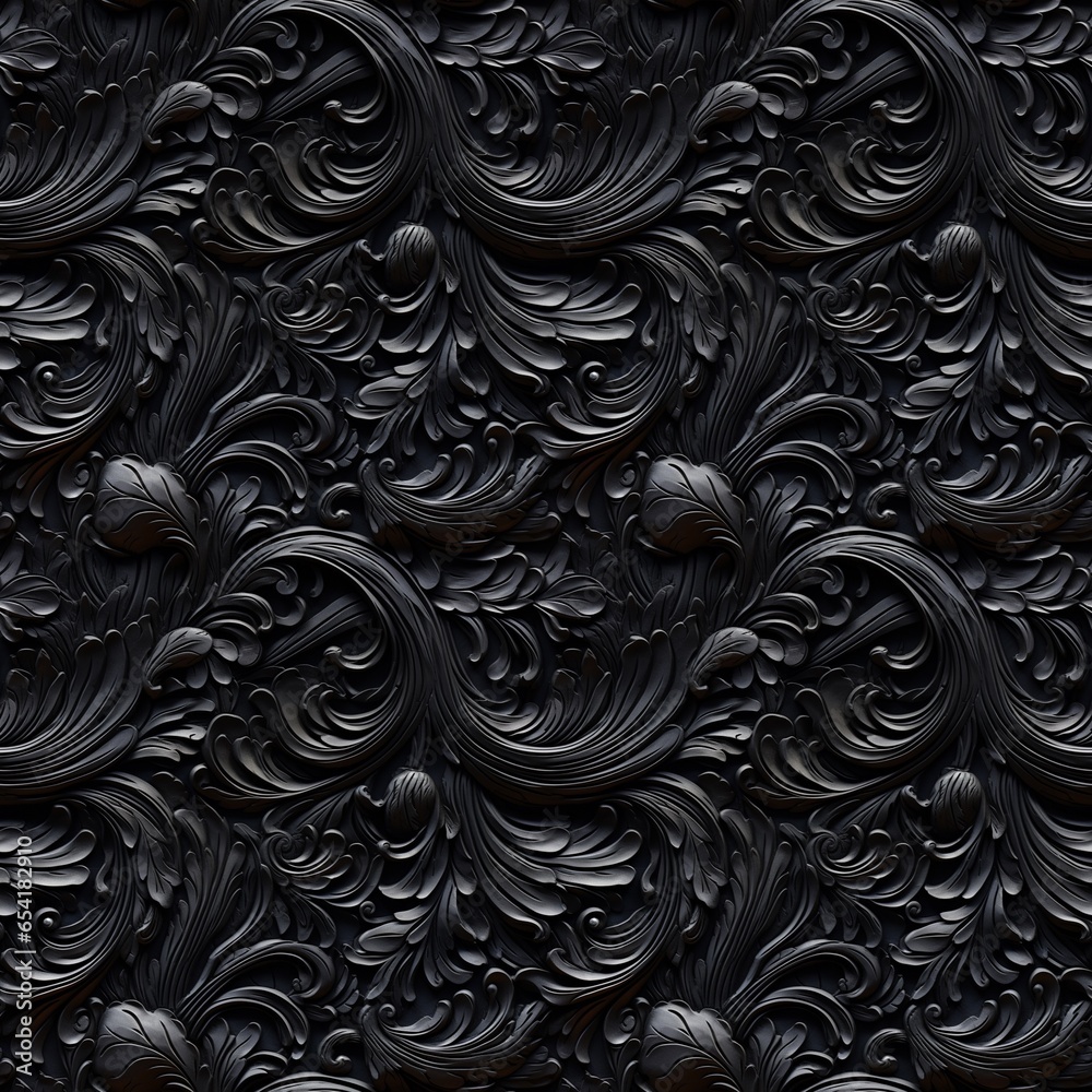 Black stucco wall. Floral and leaves, seamless repeat pattern. AI generative. Black stucco wall. Floral and leaves, seamless repeat pattern. AI generative.