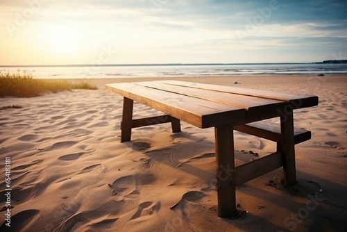 Empty wooden table on beach. Generative AI © Darian