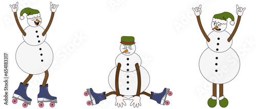 Christmas set with Groovy xmas Character in trendy Y2K style. Collection of Holiday icon, sticker, symbol and elements isolated white background. Vector illustration. Emoticon Snowman in hat.