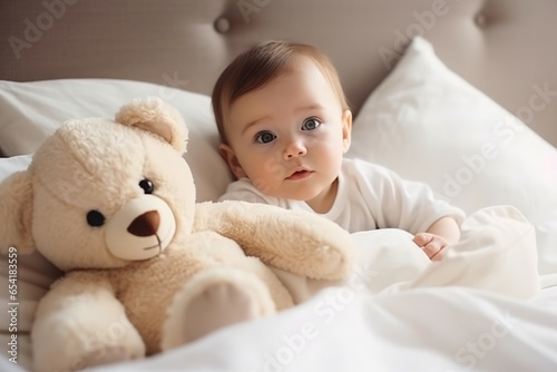 Baby soft teddy at morning. Bear bed. Generate Ai