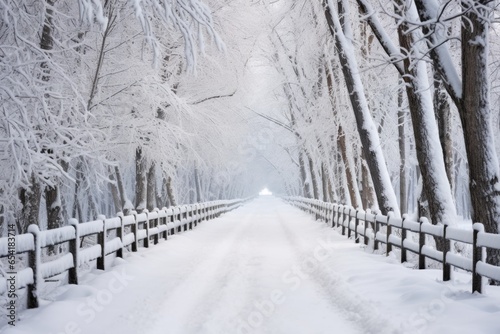 snow-capped fence along a winter forest pathway