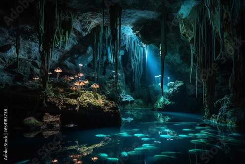 Beneath a cascading waterfall, a hidden grotto reveals a symphony of bioluminescent creatures, their gentle glow creating a mesmerizing underwater orchestra of light and sound. © DLC