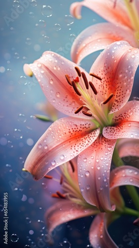 Lily flowers with water droplets on them against iblue background.