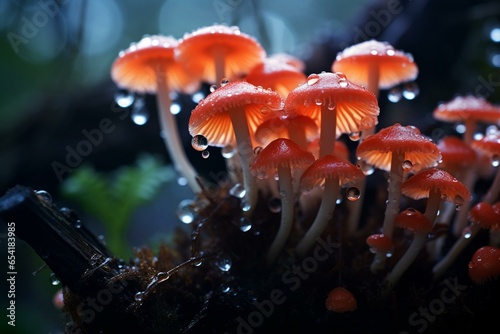 Close-up of tiny mushrooms covered in dew in a forest. Generative AI