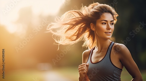 Female runner running outdoors in nature Young woman jogging in the morning photo