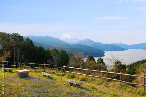 Garden bench for sitting and enjoying the view of Mount Fuji. Overlooking Lake Ashi in Hakone Detached Palace.Hakone, Ashigarashimo District, Kanagawa photo