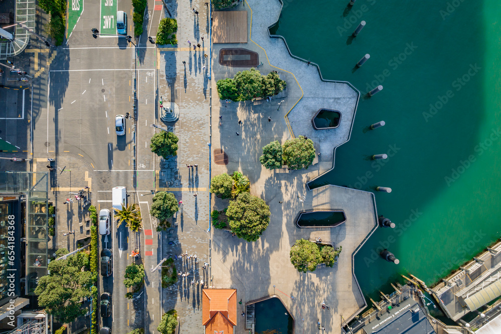 Aerial: top down view of auckland city waterfront, New Zealand