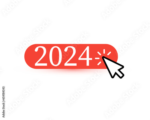 Red button icon with 2024 numbers and mouse pointer, button clicked icon symbolized entering to new year. Perfect for your New Year greeting cards, calendars and web banners. Vector illustration photo