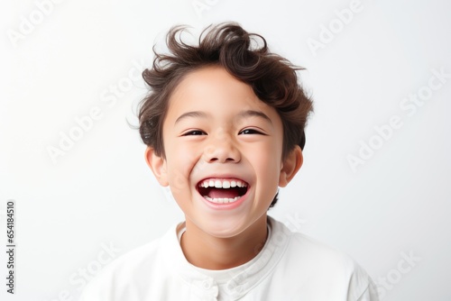 Professional Portrait Studio Photograph Showcases Cheerful Asian Boy Child Model With Impeccable Teeth, Radiating Laughter And Smiles Against White Backgrounddvertiseme