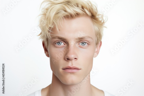 Closeup Portrait Features Confident Blonde Transgender Man  Making Direct Eye Contact With The Camera  Suitable For Various Advertising Purposes  Set Against White Background