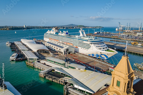 Aerial: Cruise Ship Docked at port, auckland, New Zealand