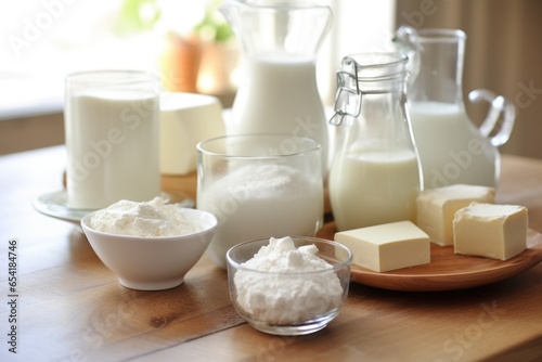an array of dairy substitute products on a kitchen counter