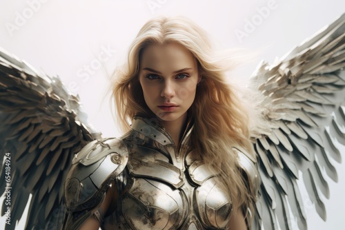 Portrait, Blonde Woman Dons Wings, Armor, And Sword, Embodying The Valkyrie Of Scandinavian Norse Mythology Against White Studio Background photo