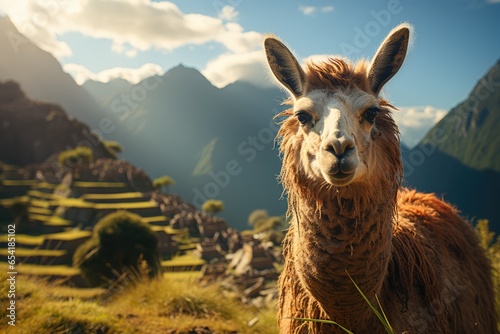 Llama and Machu Picchu. Alpaca photo