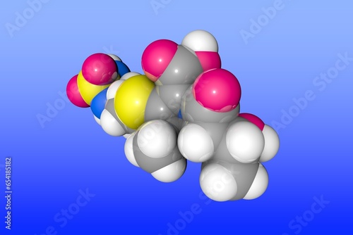 Doripenem, antibiotic. Space-filling molecular model. Atoms are shown as spheres with color coding: carbon (grey), oxygen (red), hydrogen (white), nitrogen (blue), sulfur (yellow). 3d illustration photo