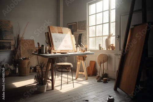 Canvas mock up in curated studio with vintage desk, atelier style, natural light/shadows - art. Generative AI