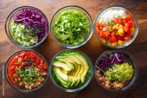 healthy salads in glass bowls view from above