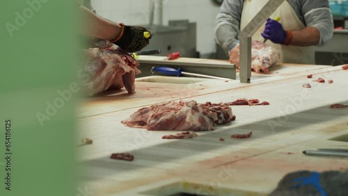 Meat production, meat cutting conveyor, meat industry, manual labor