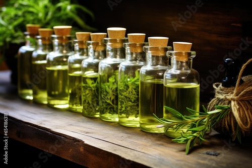 bottles of homemade herbal tinctures on a polished wooden shelf