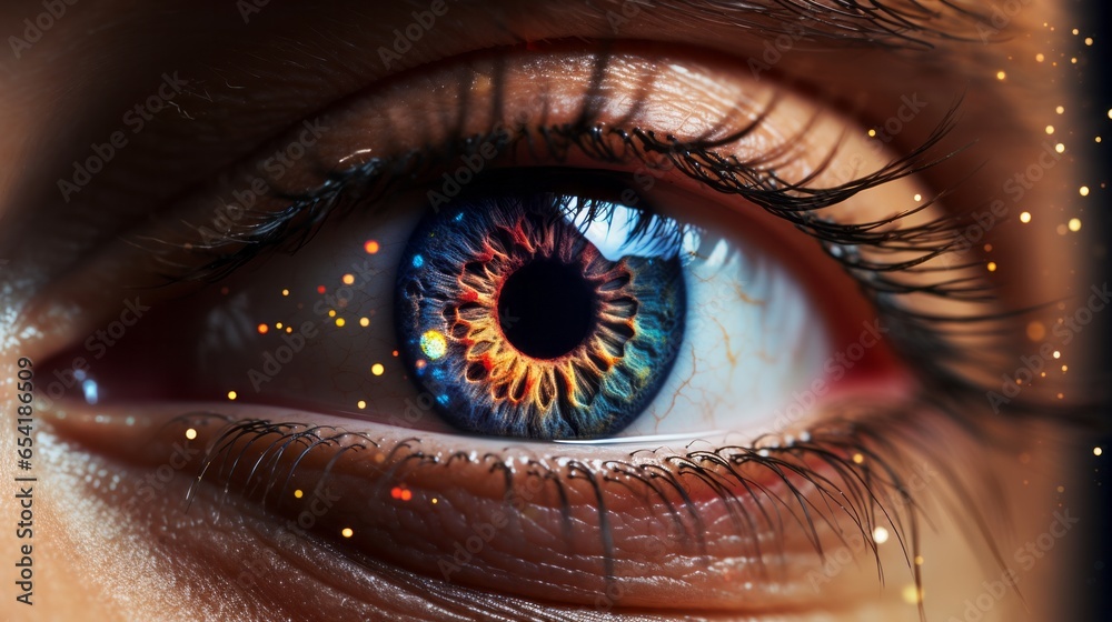 Photo of a mesmerising close-up of a realistic human eye with the galaxy in the pupil created with Generative AI technology - obrazy, fototapety, plakaty 