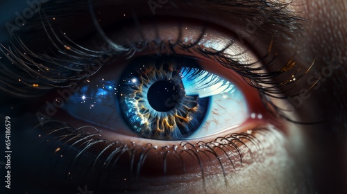 Photo of a mesmerising close-up of a realistic human eye with the galaxy in the pupil created with Generative AI technology